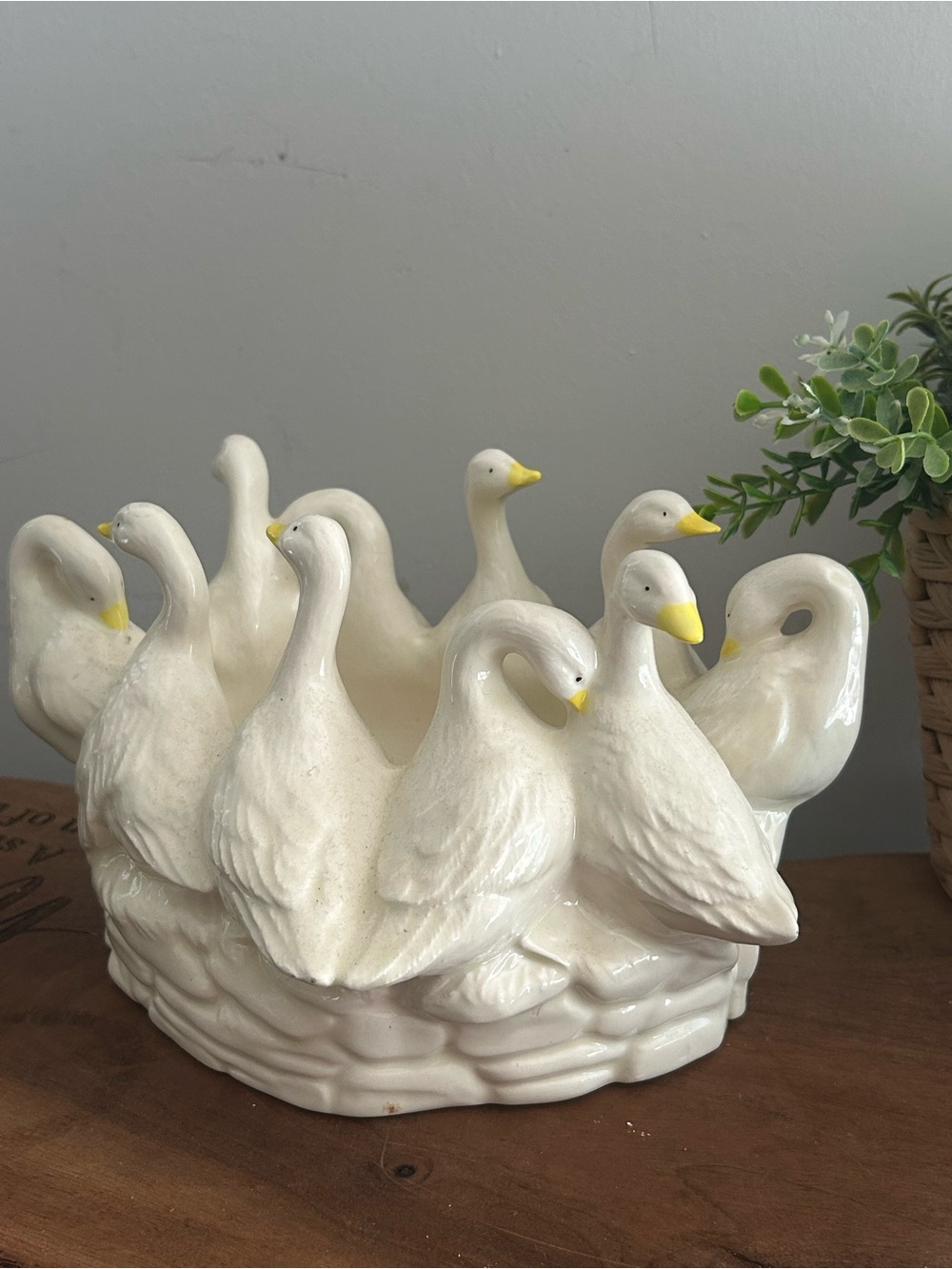 Vintage Circle Gaggle of Geese Planter Centerpiece Bowl Ceramic Goose Farmhouse